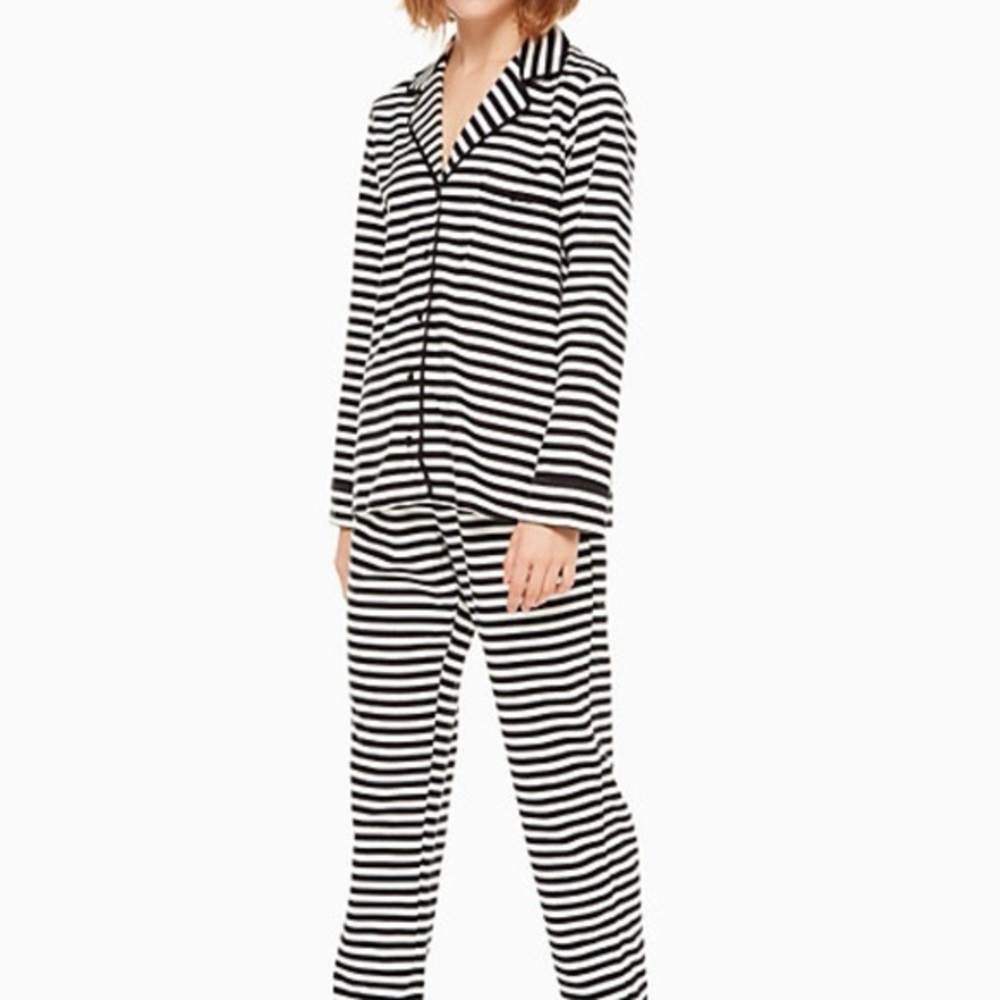 Kate Spade New York Black White Stripe Pajama Set Button Front Top Pants Size S